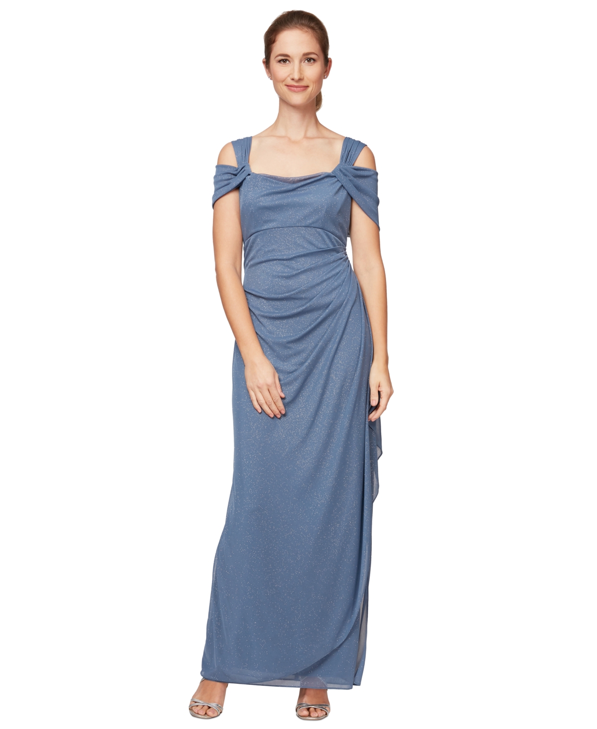 Cold-Shoulder Draped Metallic Petite Gown - Dusty Blue