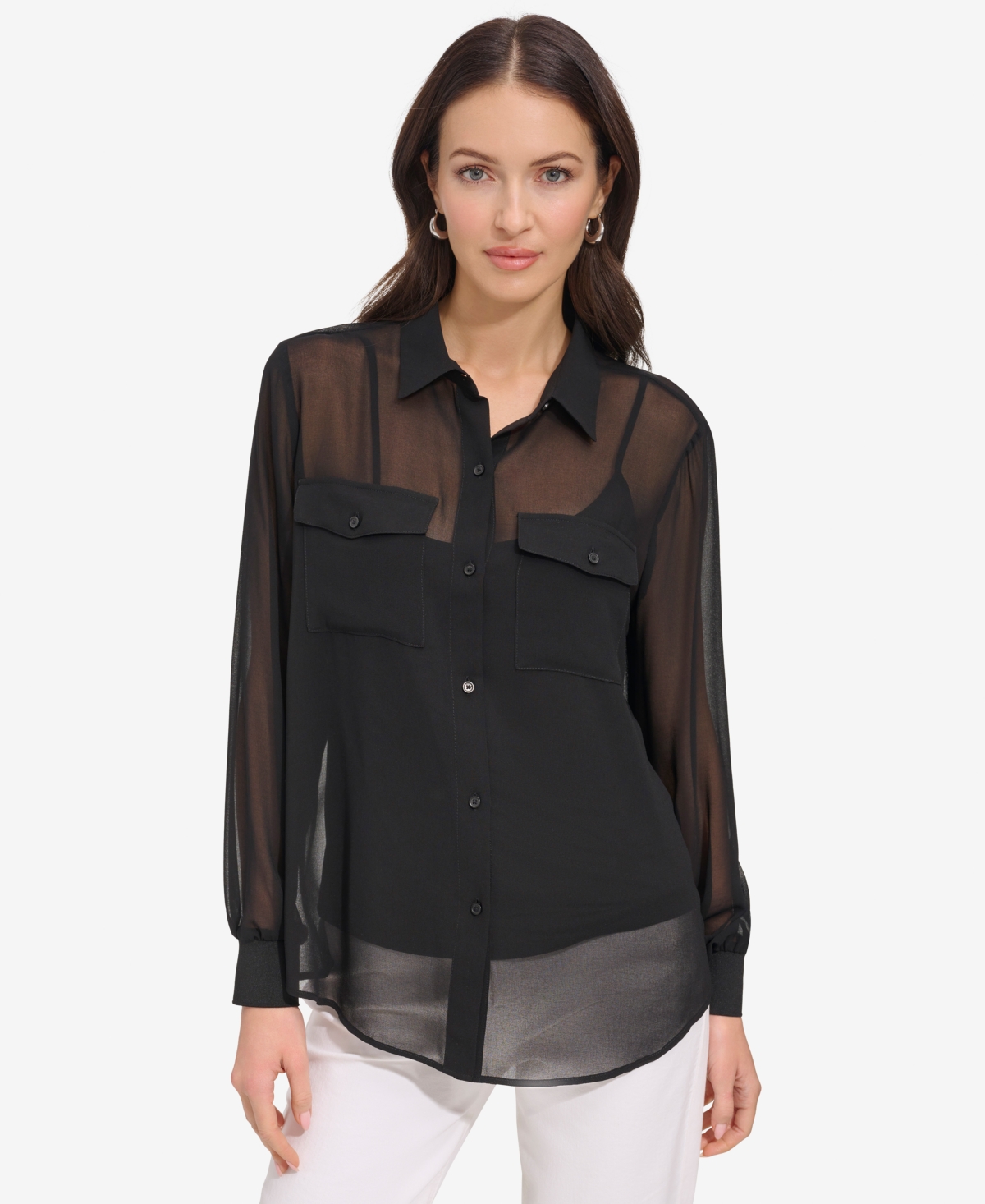 Dkny Chiffon Button-up Shirt In Black