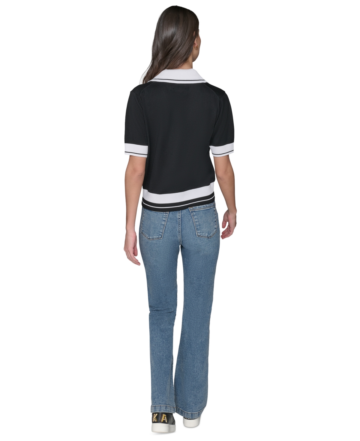 Karl Lagerfeld Petite Short-sleeve Tipped Polo Sweater In Black
