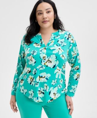 I.N.C. International Concepts - Plus Size Printed Split-Neck Top