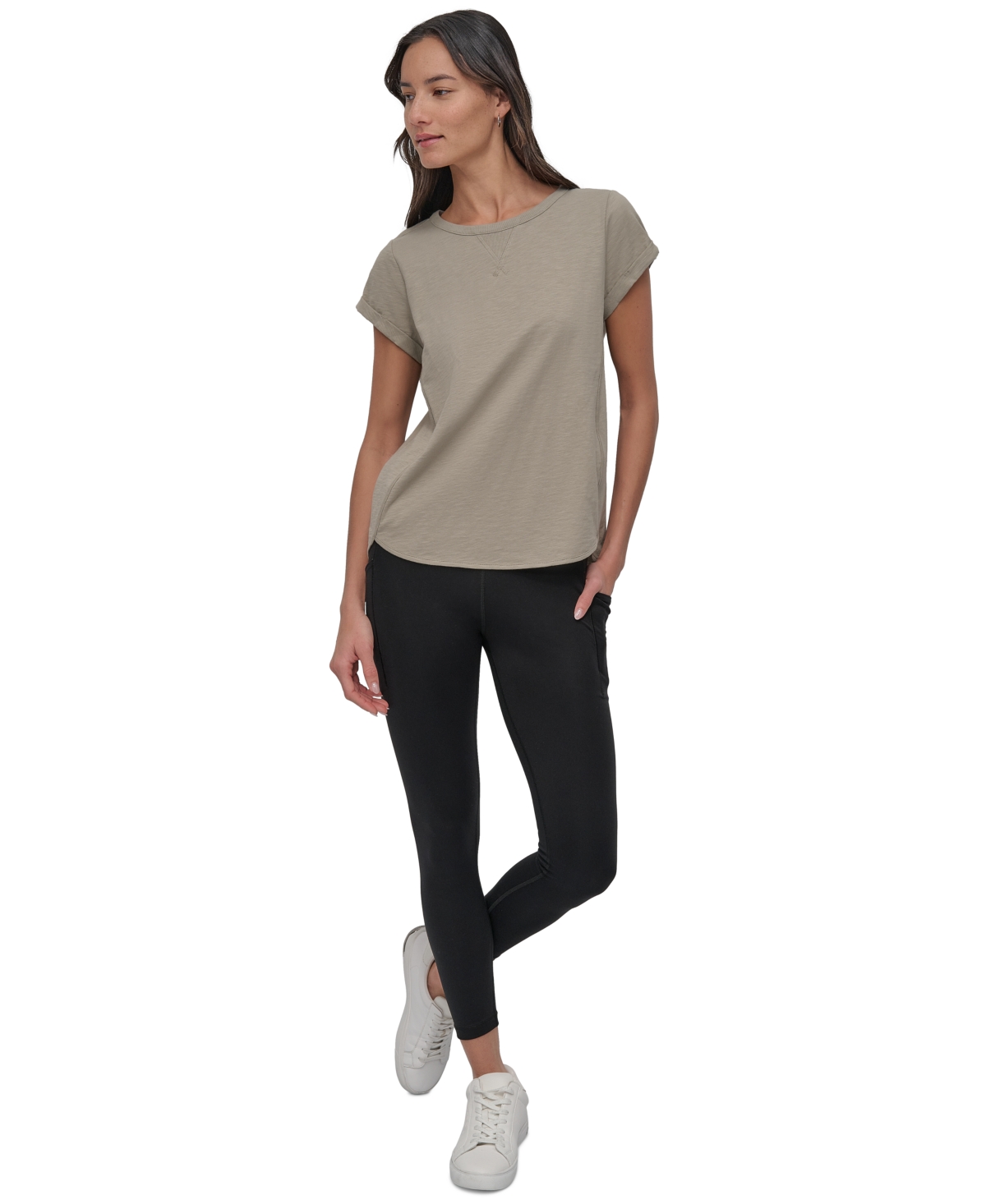 Shop Dkny Sport Women's V-inset Roll-sleeve T-shirt In Vintage Khaki