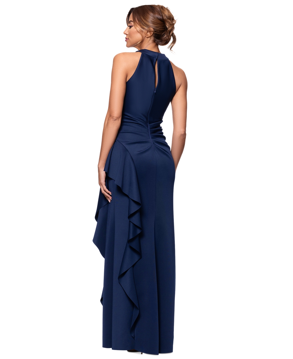 Xscape Petite Ruffled Halter Gown In Midnight