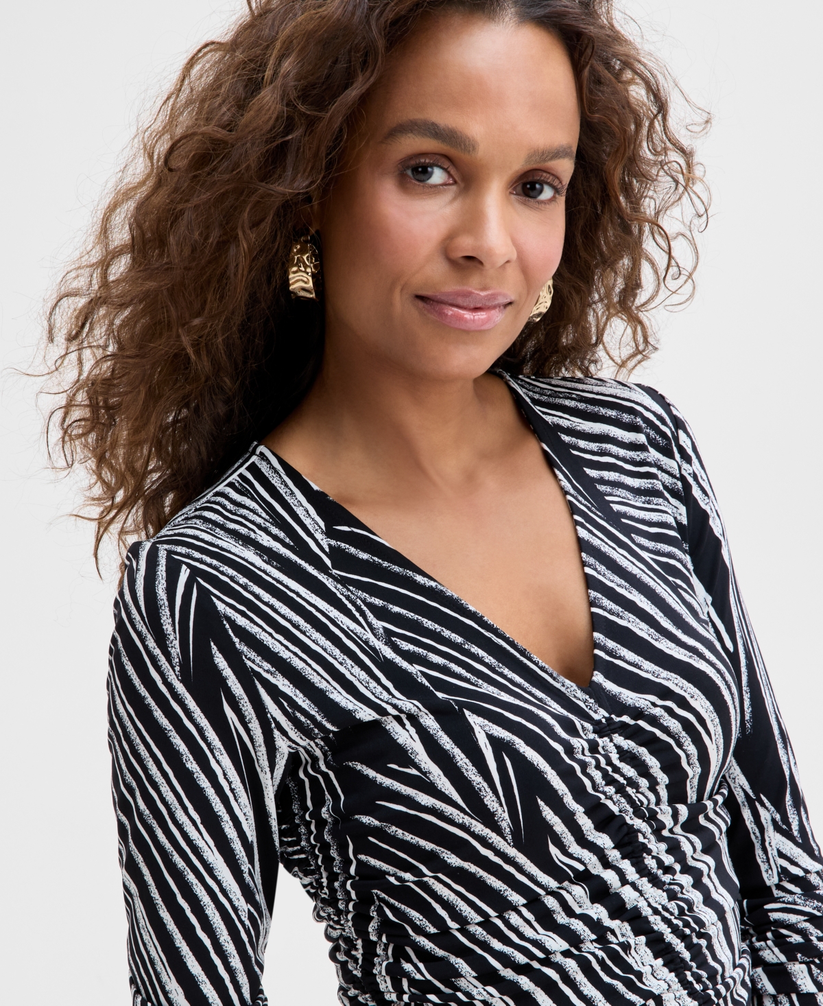 Inc International Concepts Women's Printed Ruched-front V-neck Top, Exclusively At Macy's In Piastripe-black