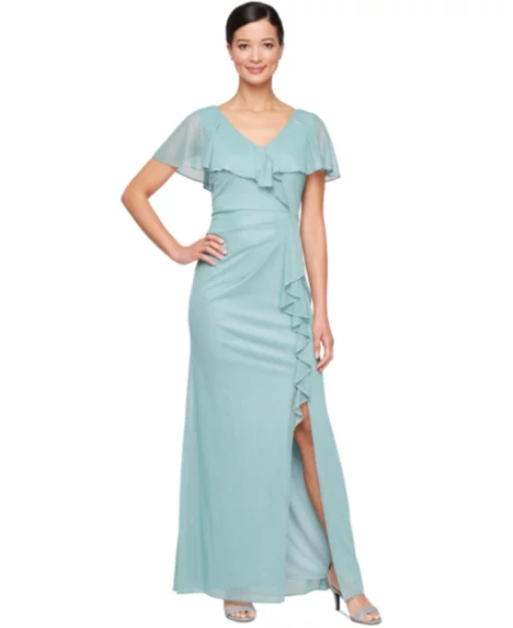 Petite Ruffled Flutter-Sleeve Gown - Seaglass