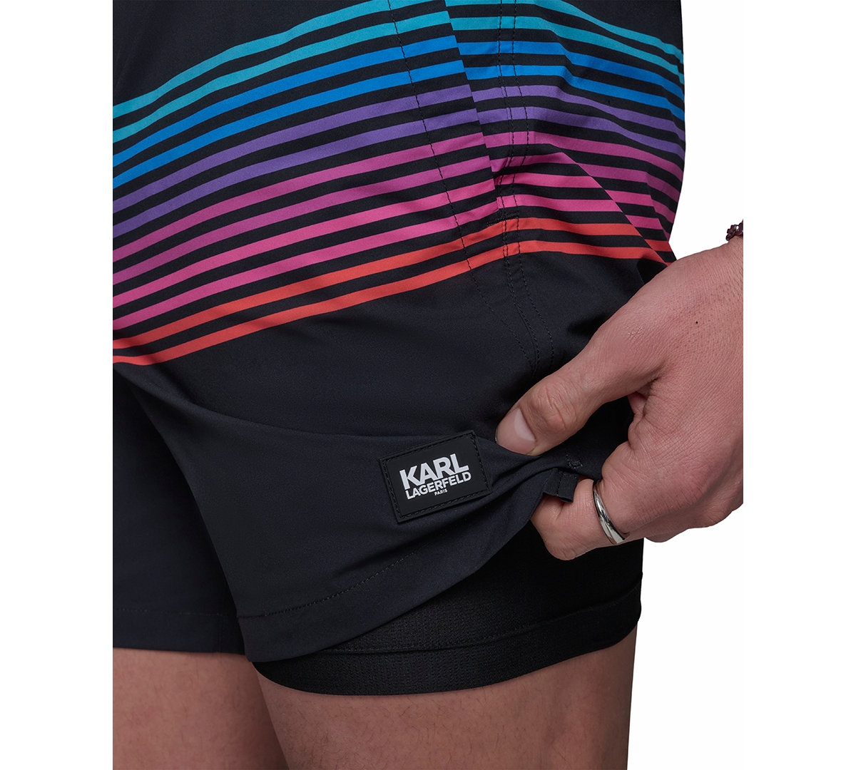 Karl Lagerfeld Men's Regular-fit Quick-dry 5" Swim Trunks With Boxer Brief Liner In Multi Stripe