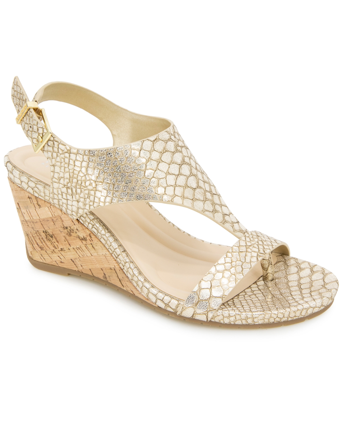 Kenneth Cole Reaction Women's Greatly Thong Almond Toe Wedge Sandals In Gold Snake