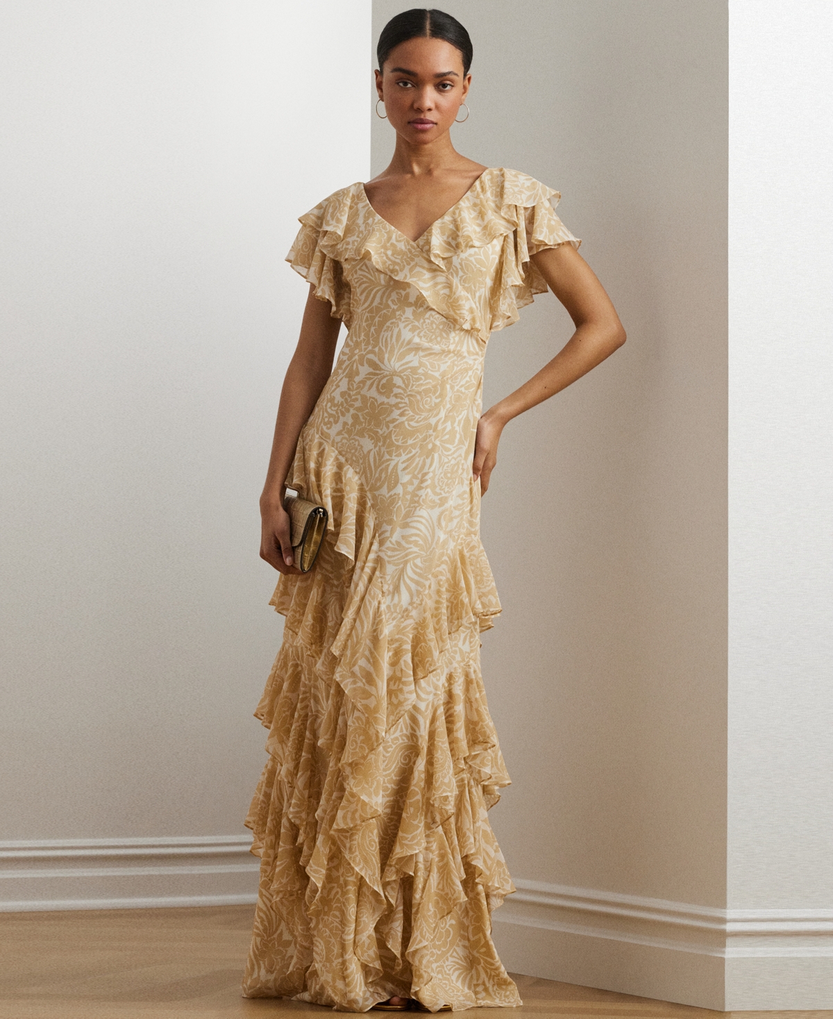 Shop Ralph Lauren Women's Floral Ruffle-trim Georgette Gown In Cream,tan