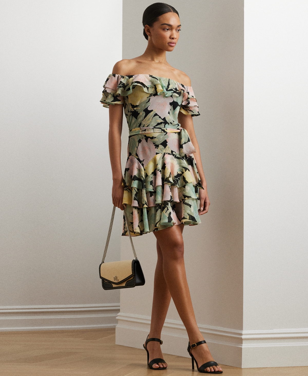 Ralph Lauren Women's Floral Off-the-shoulder Cocktail Dress In Black,pink,green