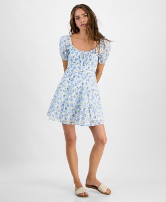 Juniors' Floral-Print Cotton Puff-Sleeve Mini Dress