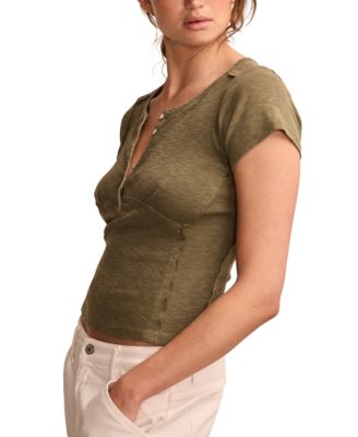 売れ筋商品|||ラッキーブランド カットソー トップス レディース Women's Cotton Crochet-Trim Short-Sleeve Henley Top Dusty Olive Lucky Brand Women's Cotton Crochet-Trim Short-Sleeve Henley