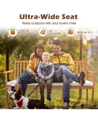 Outdoor 3-Seat Wood Bench with Seat Cushion and Slatted Seat