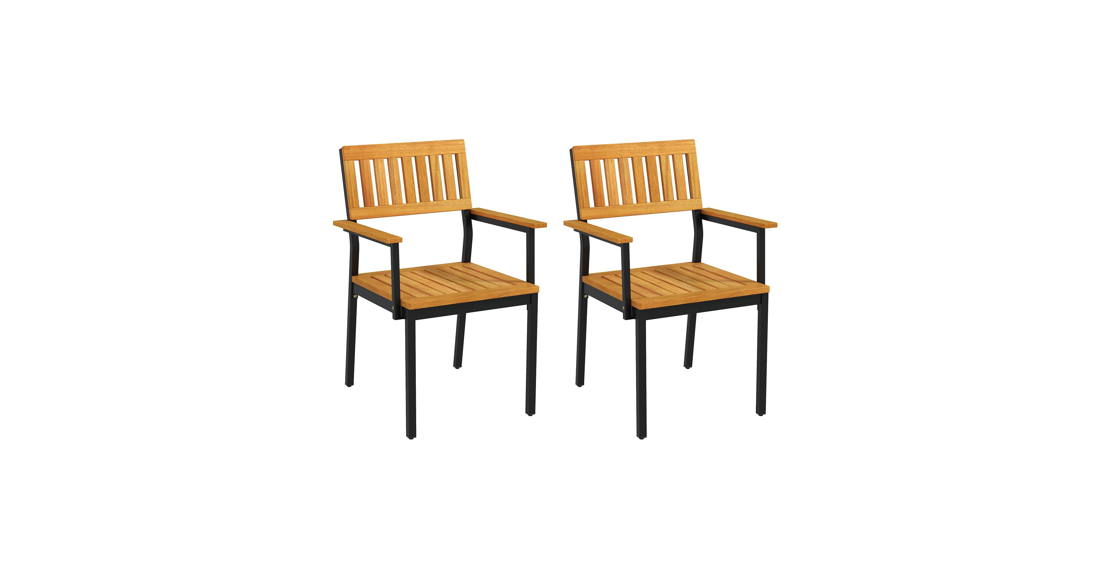 Patio Outdoor Dining Chair Set of 2 with Metal and Acacia Wood Frame