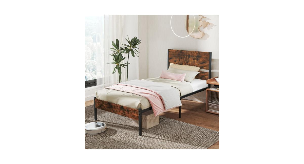 Metal Bed Frame with Wooden Headboard and Footboard