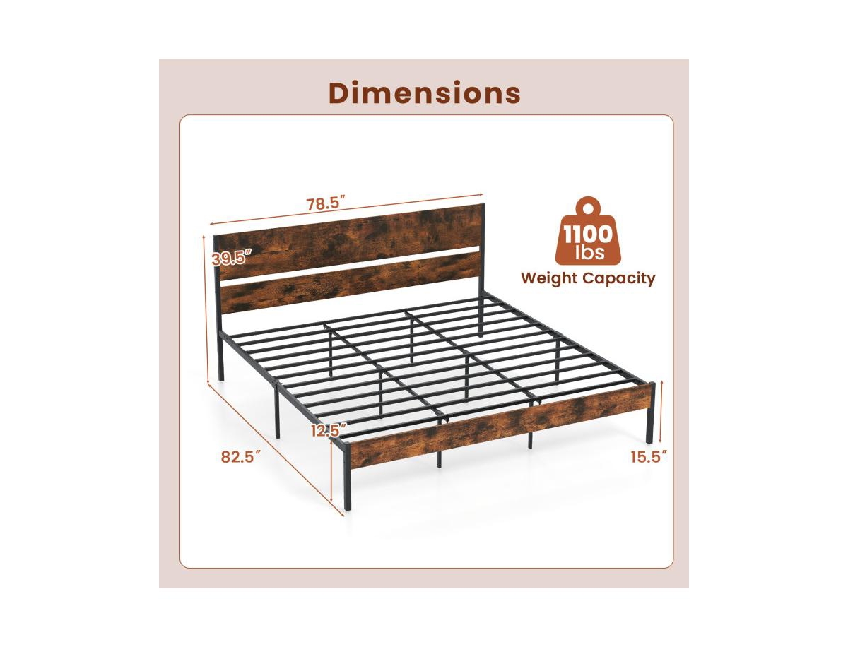 Metal Bed Frame with Wooden Headboard and Footboard