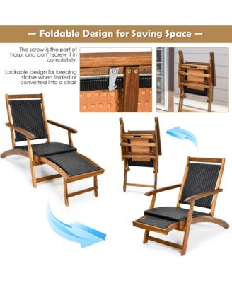 2PCS Patio Folding Rattan Lounge Chair Wood Frame Retractable Footrest