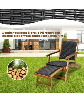 2PCS Patio Folding Rattan Lounge Chair Wood Frame Retractable Footrest