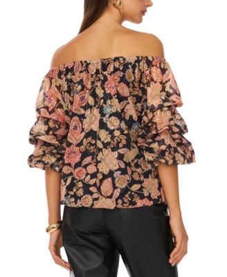 Women's Floral Off-The-Shoulder Bubble 3/4-Sleeve Tie-Front Blouse