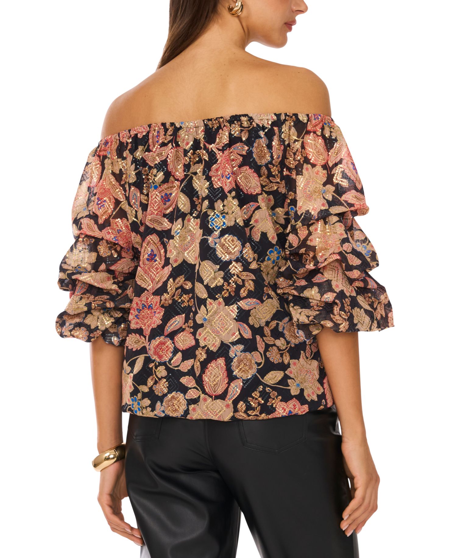 Women's Floral Off-The-Shoulder Bubble 3/4-Sleeve Tie-Front Blouse