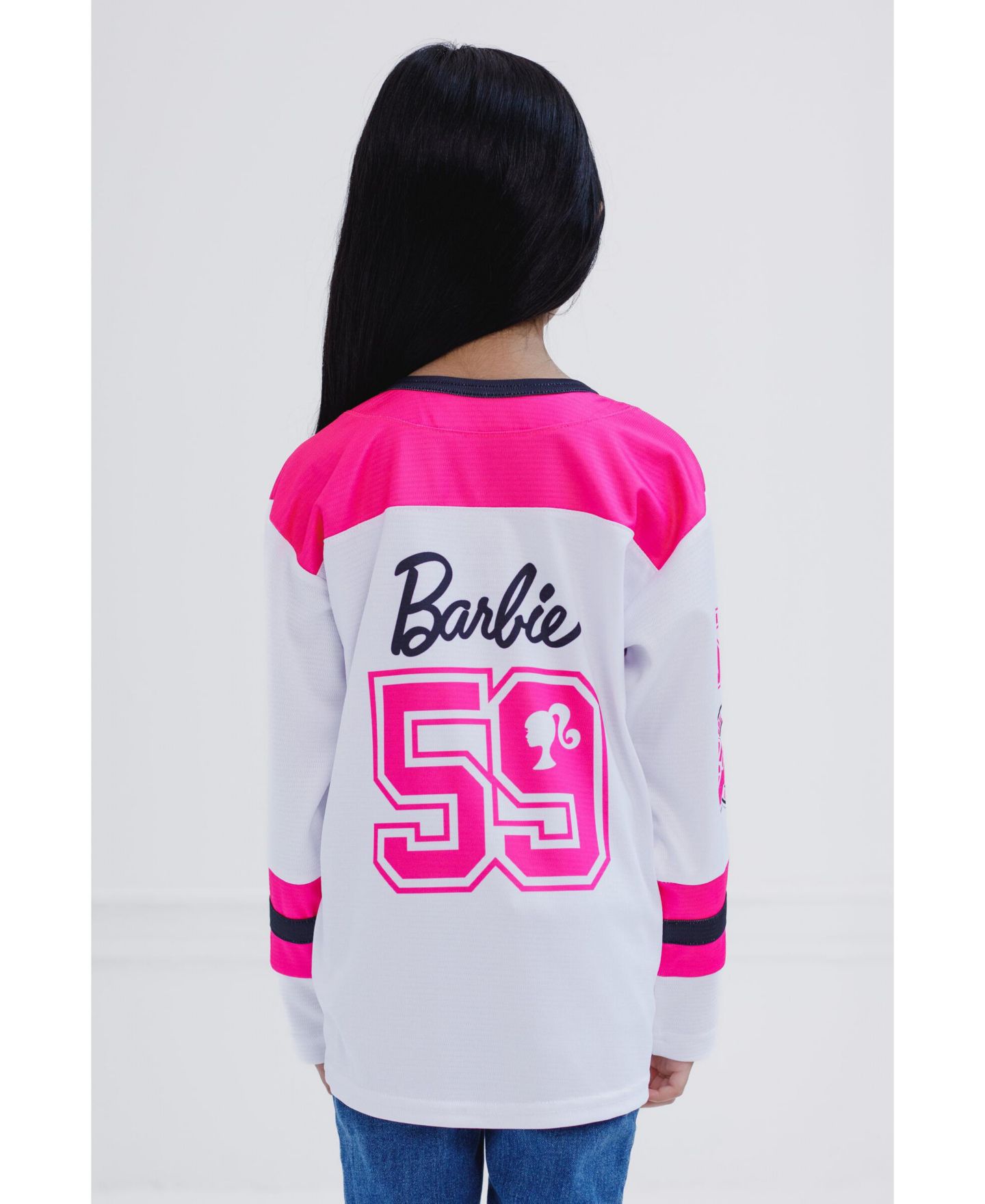Футболка Barbie Mesh Hockey Jersey Long Sleeve T-Shirt для девочек-малышей, цвет: Розовый / Белый — фото 4