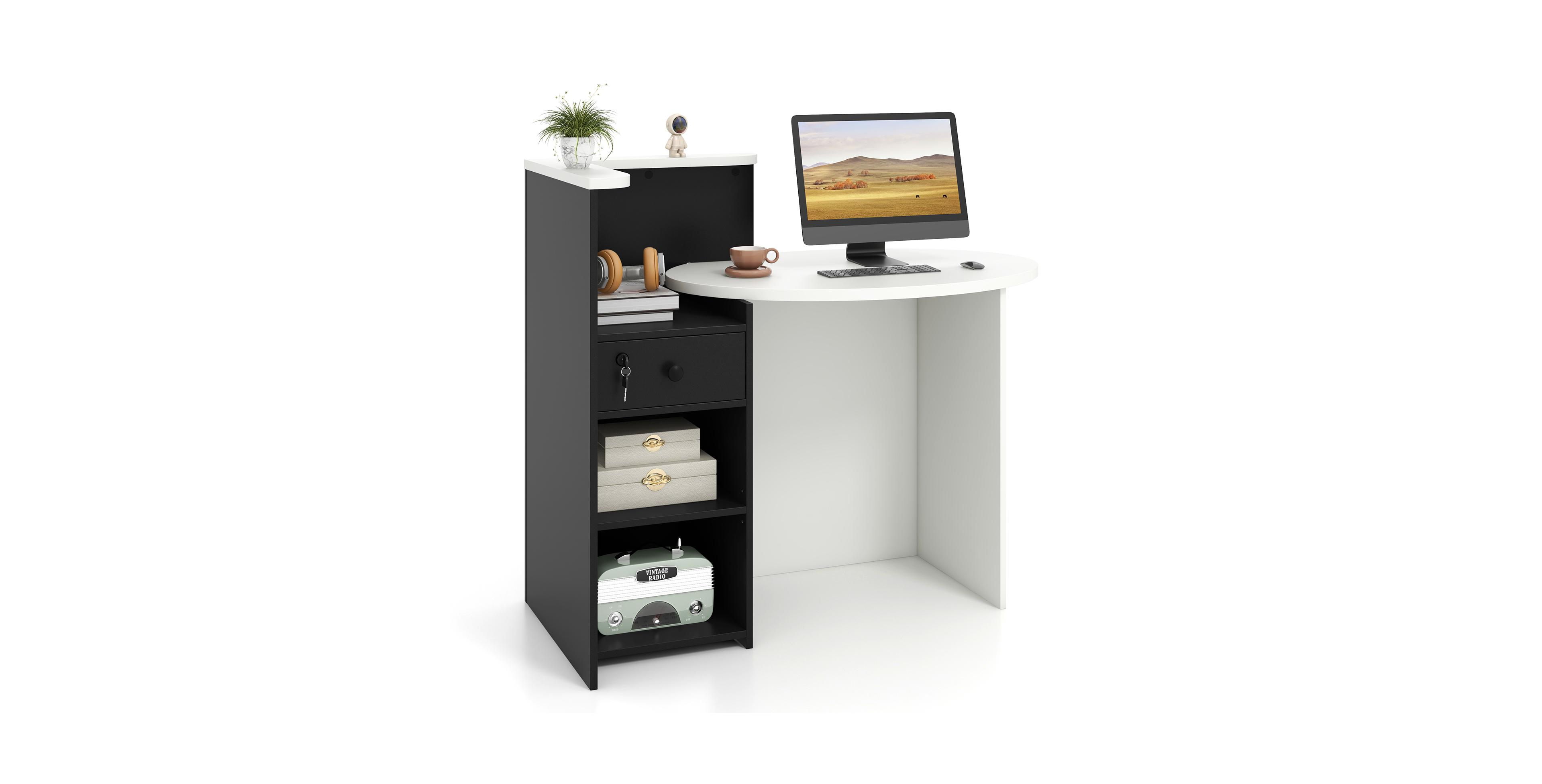 Front Reception Office Desk with Open Shelf and Lockable Drawer for Organized Secure Workspace