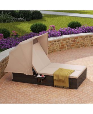 2-person Rattan Lounge Bed with Retractable Canopy 5-position Adjustable Backrest