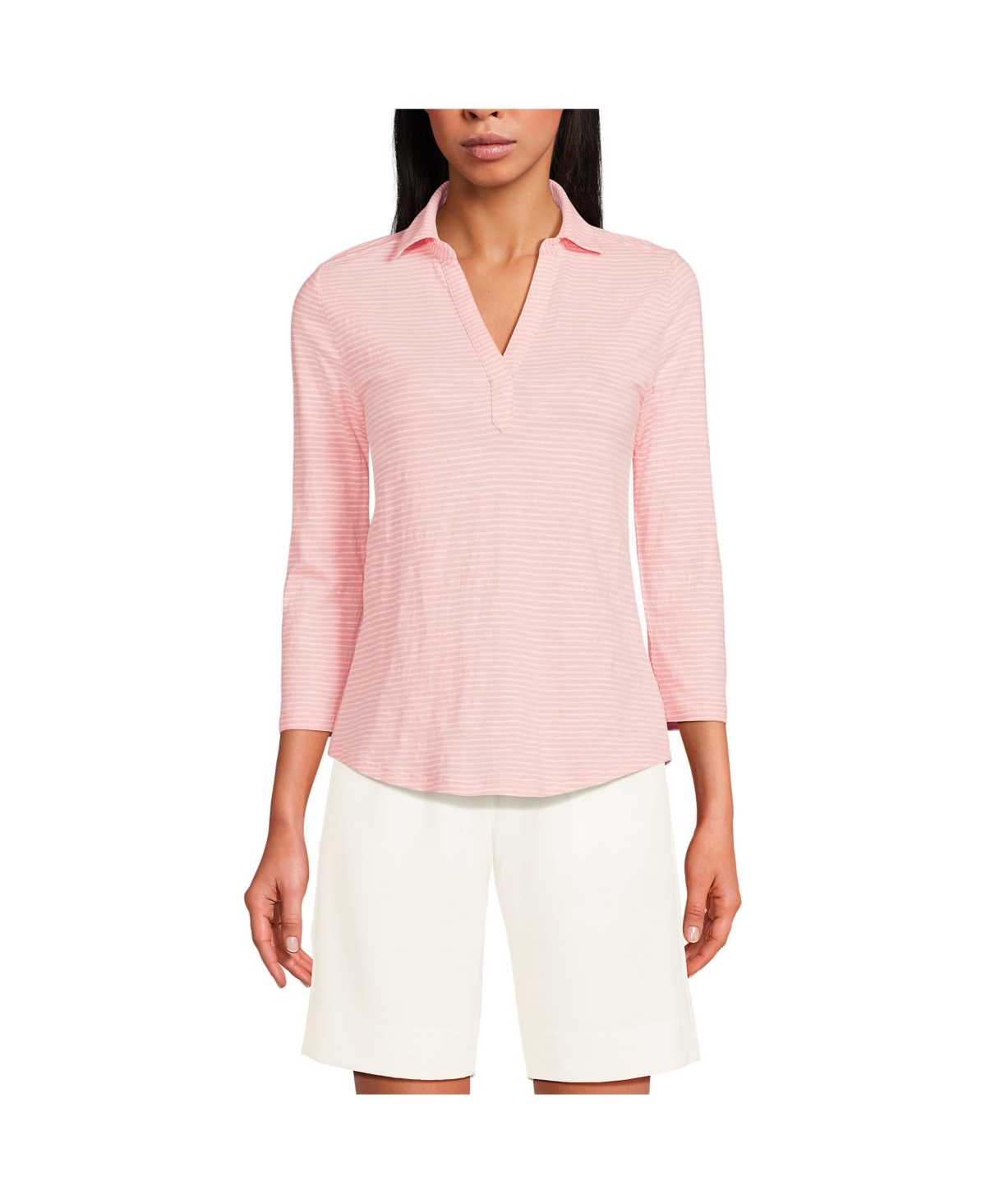 Women's Slub Polo Top - Sunset coral/white stripe