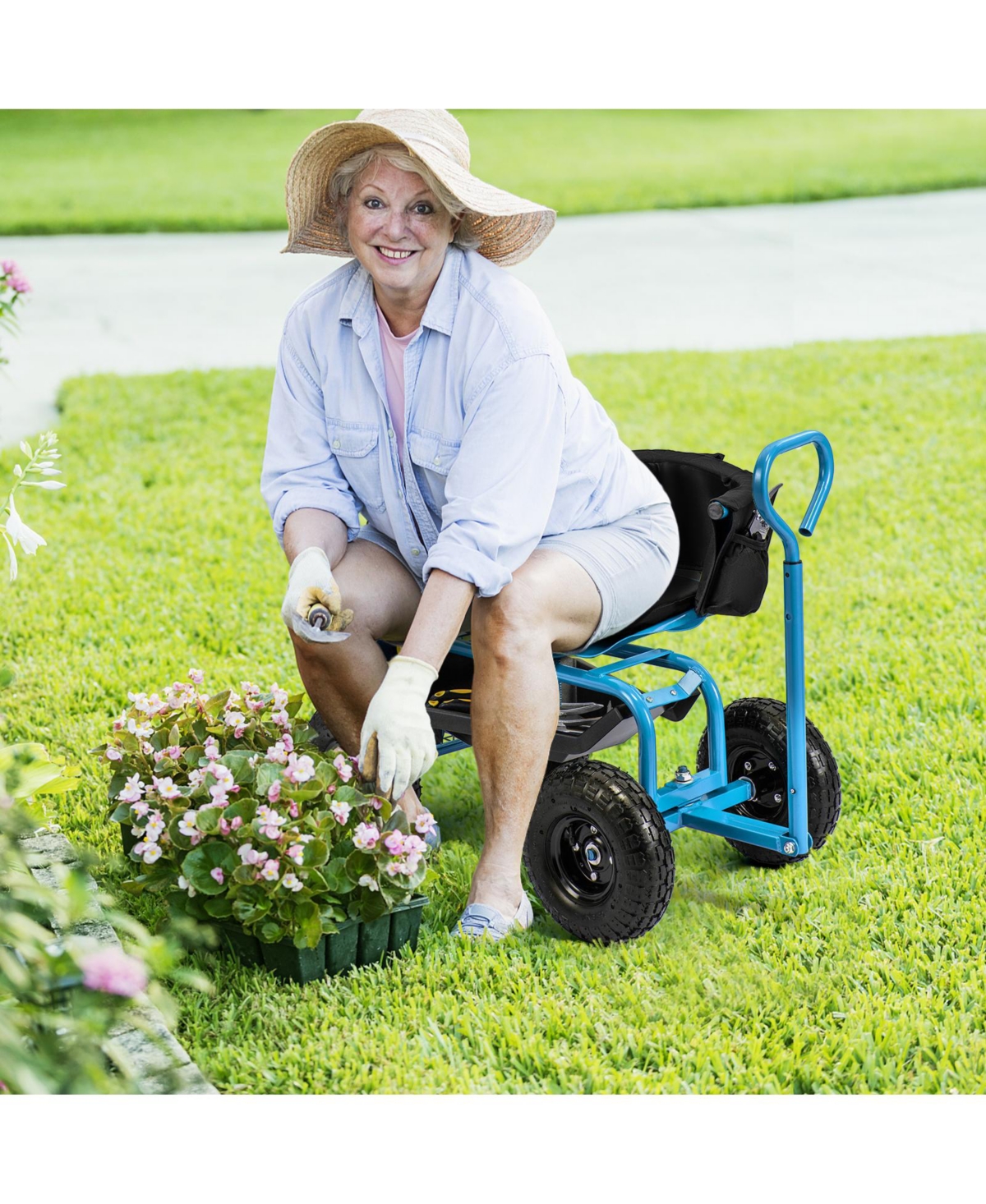 Cushioned Rolling Garden Cart Scooter with Storage Basket and Tool Pouch Comfortable Convenient Outdoor Helper