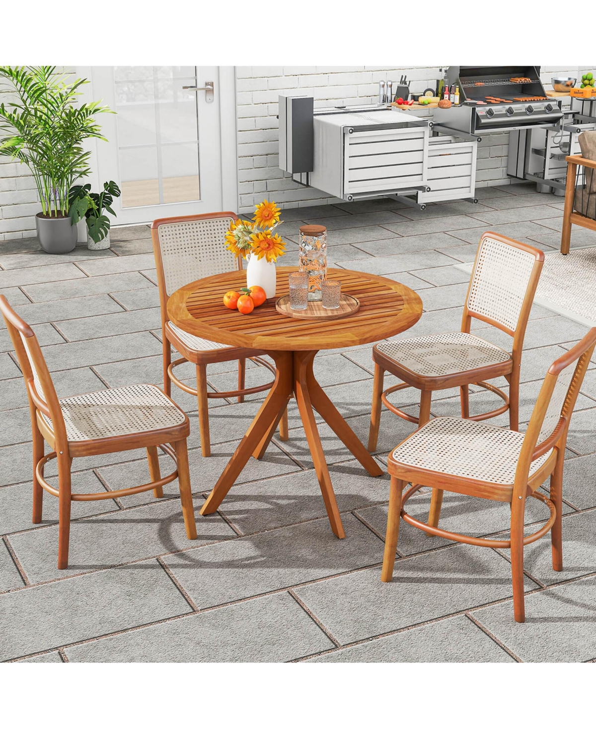 35.5 Inch Patio Wood Dining Table with Slatted Tabletop & Curved Legs for Backyard