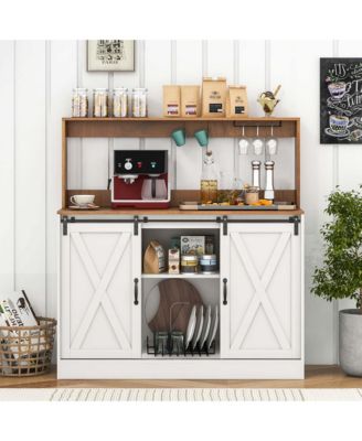 47.5" Farmhouse Coffee Bar Cabinet with Charging Station Glass Cup Holders Hutch