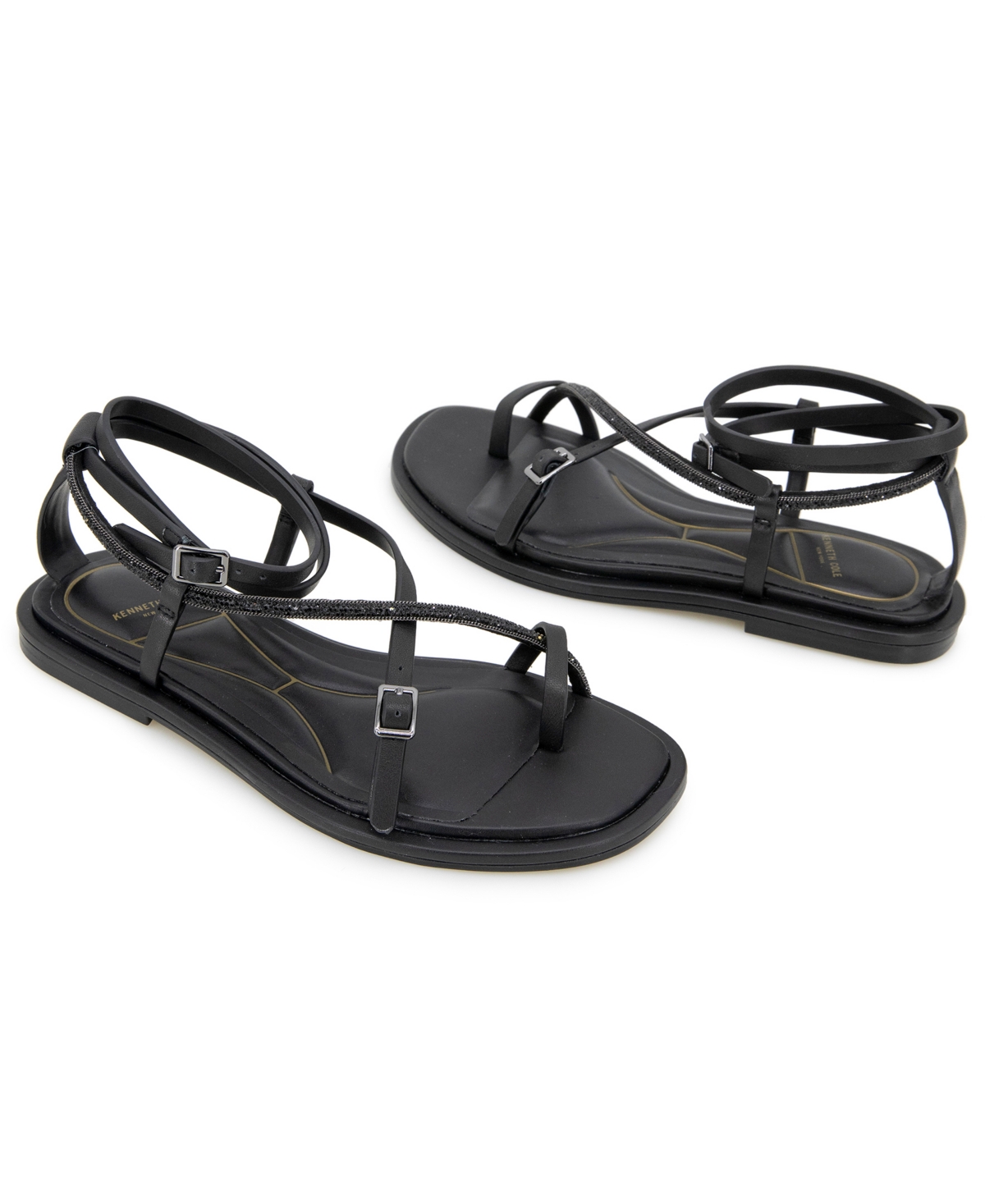 Kenneth Cole New York Women's Paros Jewel Square Toe Flat Sandals In Black Leather