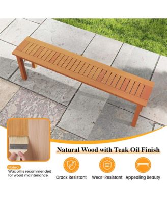 59" Long Patio Dining Bench with Teak Oil Finish & Slat Seat Accent Entryway Bench