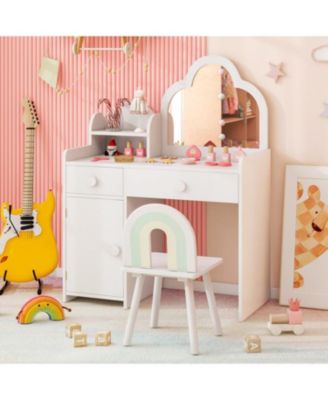 Kids Vanity Table with Cloud Mirror, Chair, and Open Shelf for Bedroom or Playroom