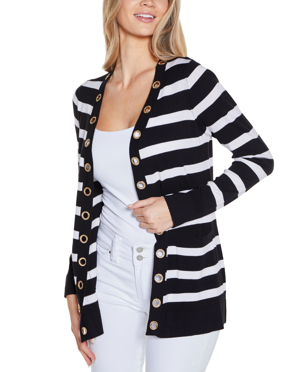 Shop Belldini Women's Rhinestone Grommet Striped Open-front Cardigan Sweater In Black Combo