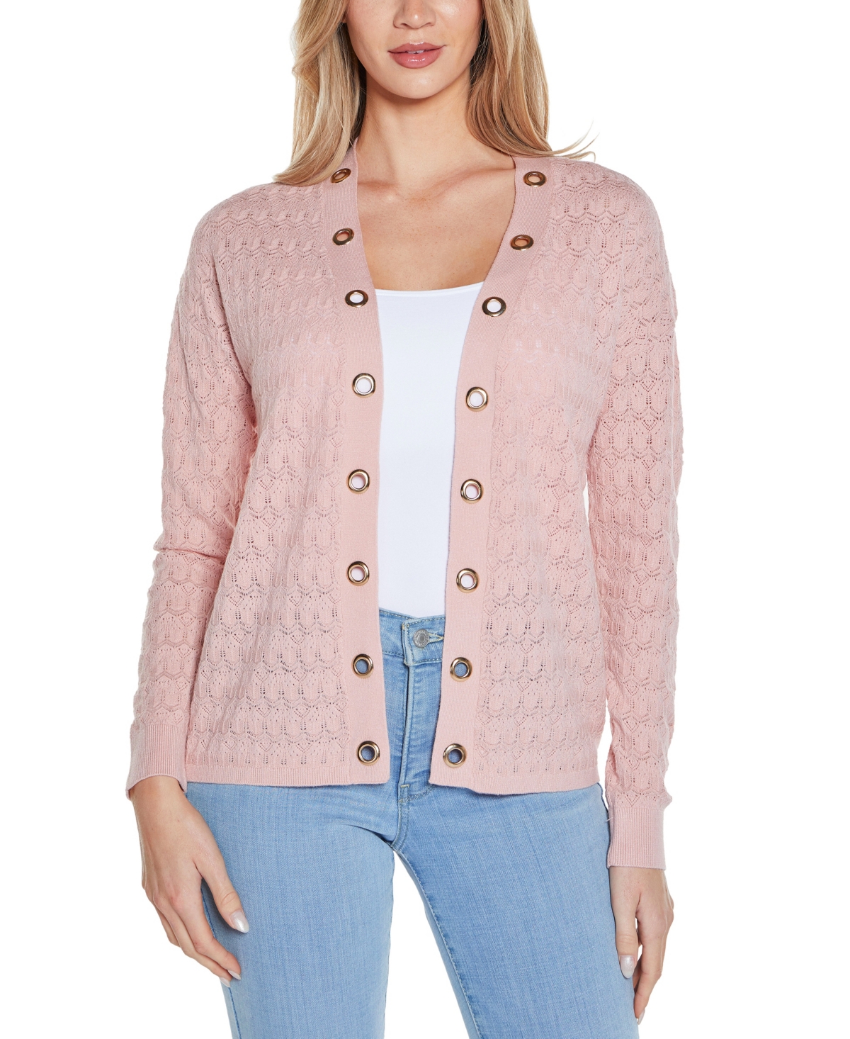 Belldini Women's Pointelle And Grommet Open Cardigan Sweater In Smokey Rose