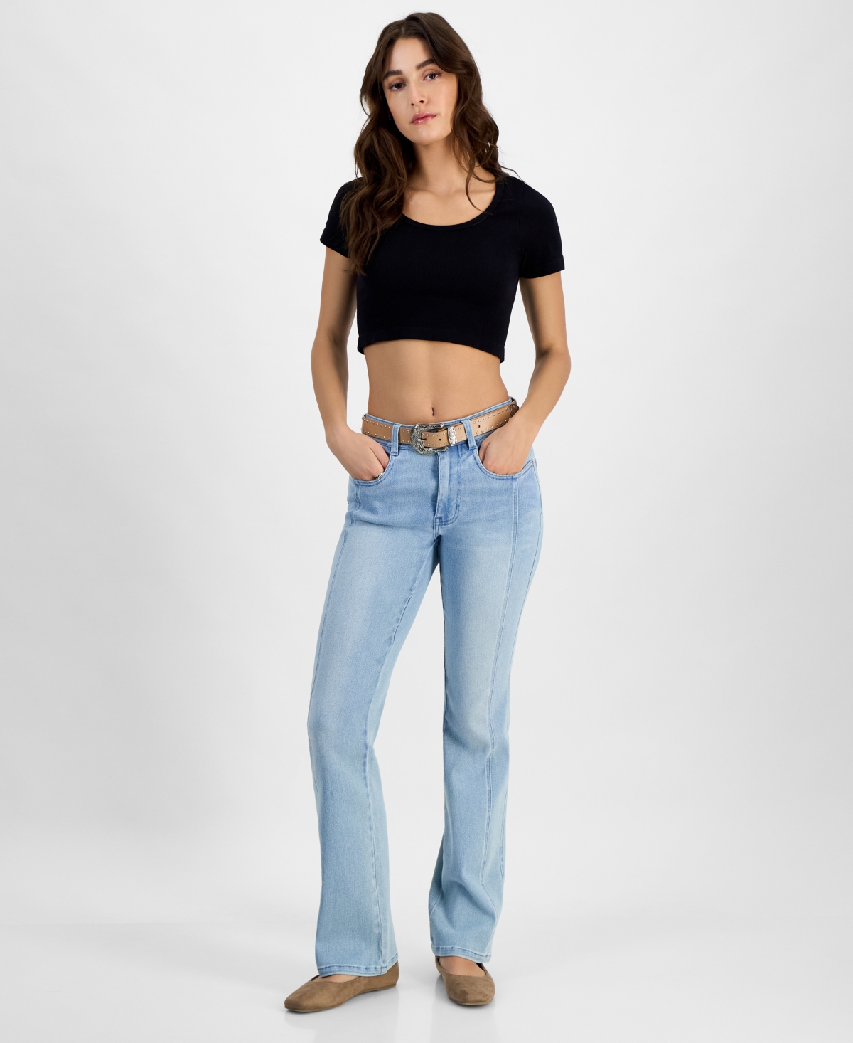 Juniors' Western High-Rise Belted Flare-Leg Jeans - Bayspring