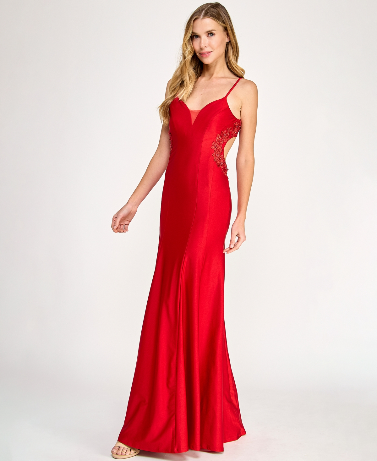 Dear Moon Juniors' Embellished Cutout Gown In Red