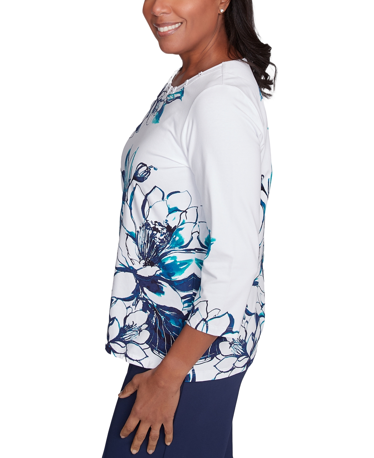 Alfred Dunner Petite Floral 3/4-sleeve Crewneck Top In Marinmu