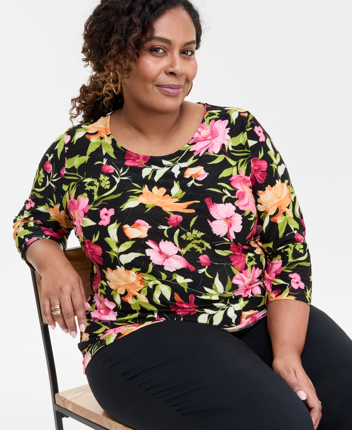 JM COLLECTION PLUS SIZE PRINTED 3/4-SLEEVE TOP, EXCLUSIVELY AT MACY'S 