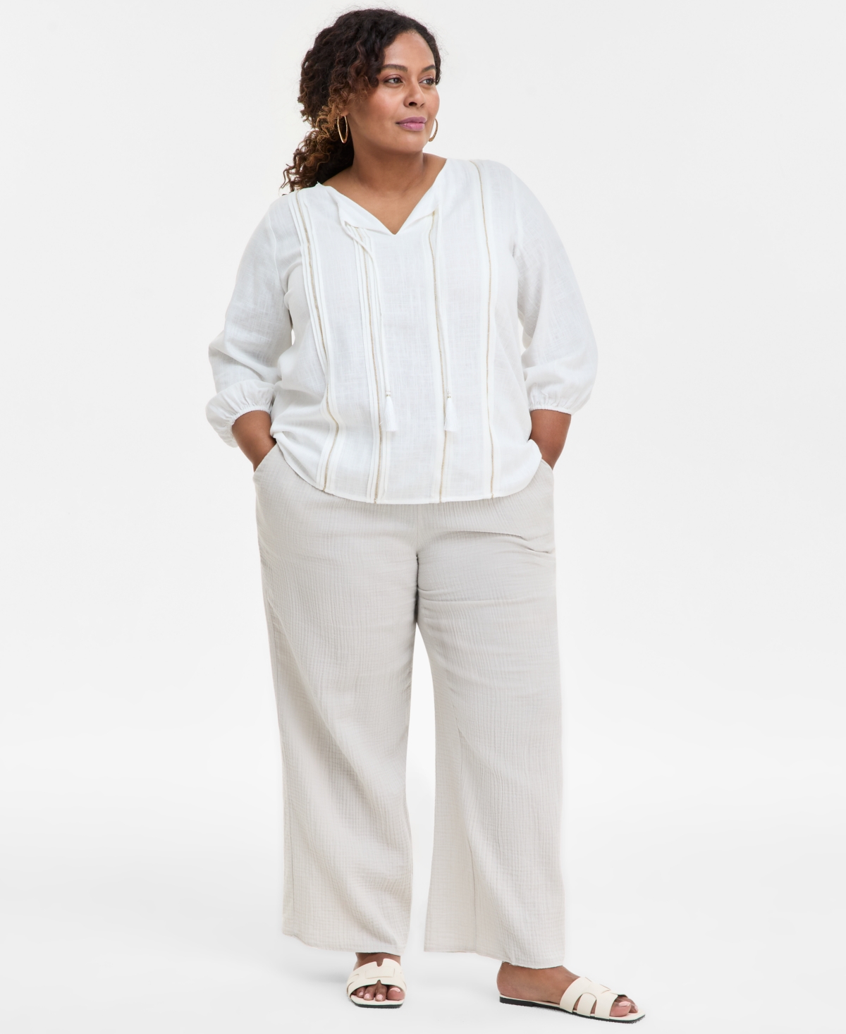 JM COLLECTION PLUS SIZE PLEATED SPLIT-NECK TOP, EXCLUSIVELY AT MACY'S 