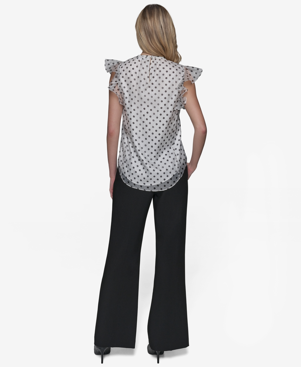 Shop Karl Lagerfeld Women's Dot-print Organza Flutter-sleeve Blouse In Black,soft White