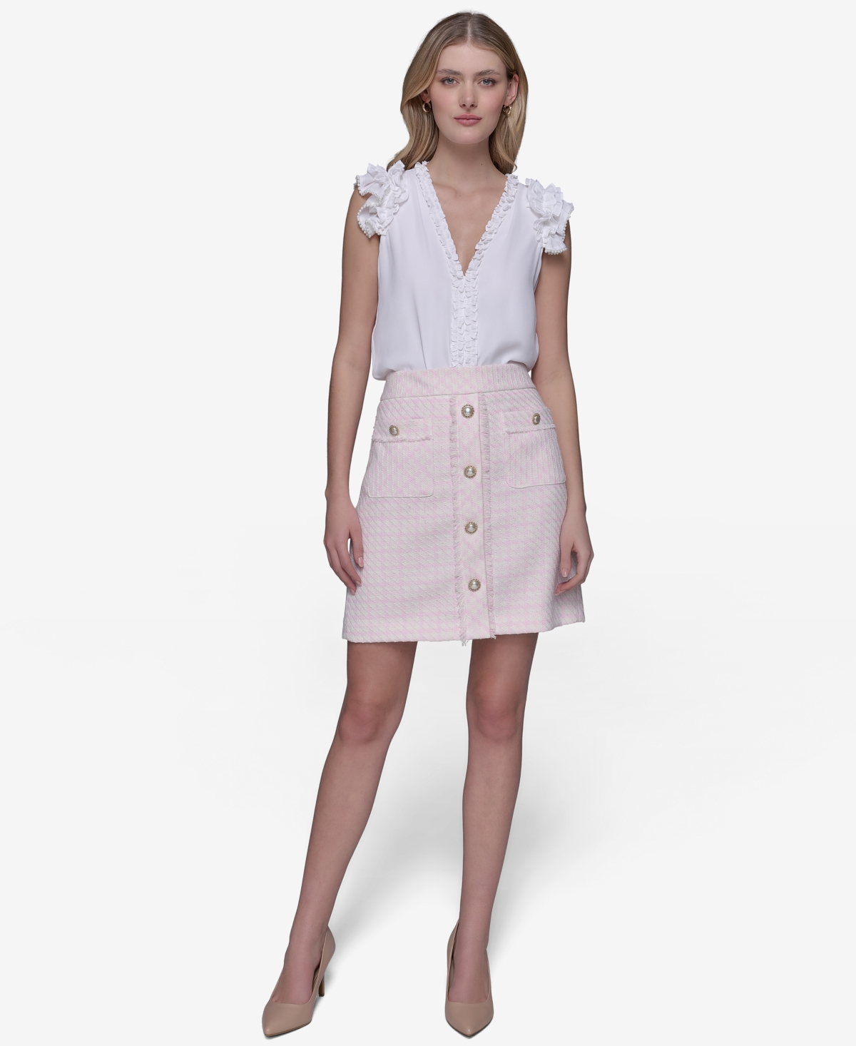 Shop Karl Lagerfeld Women's Button-front Tweed Skirt In Parfait Pink,soft White