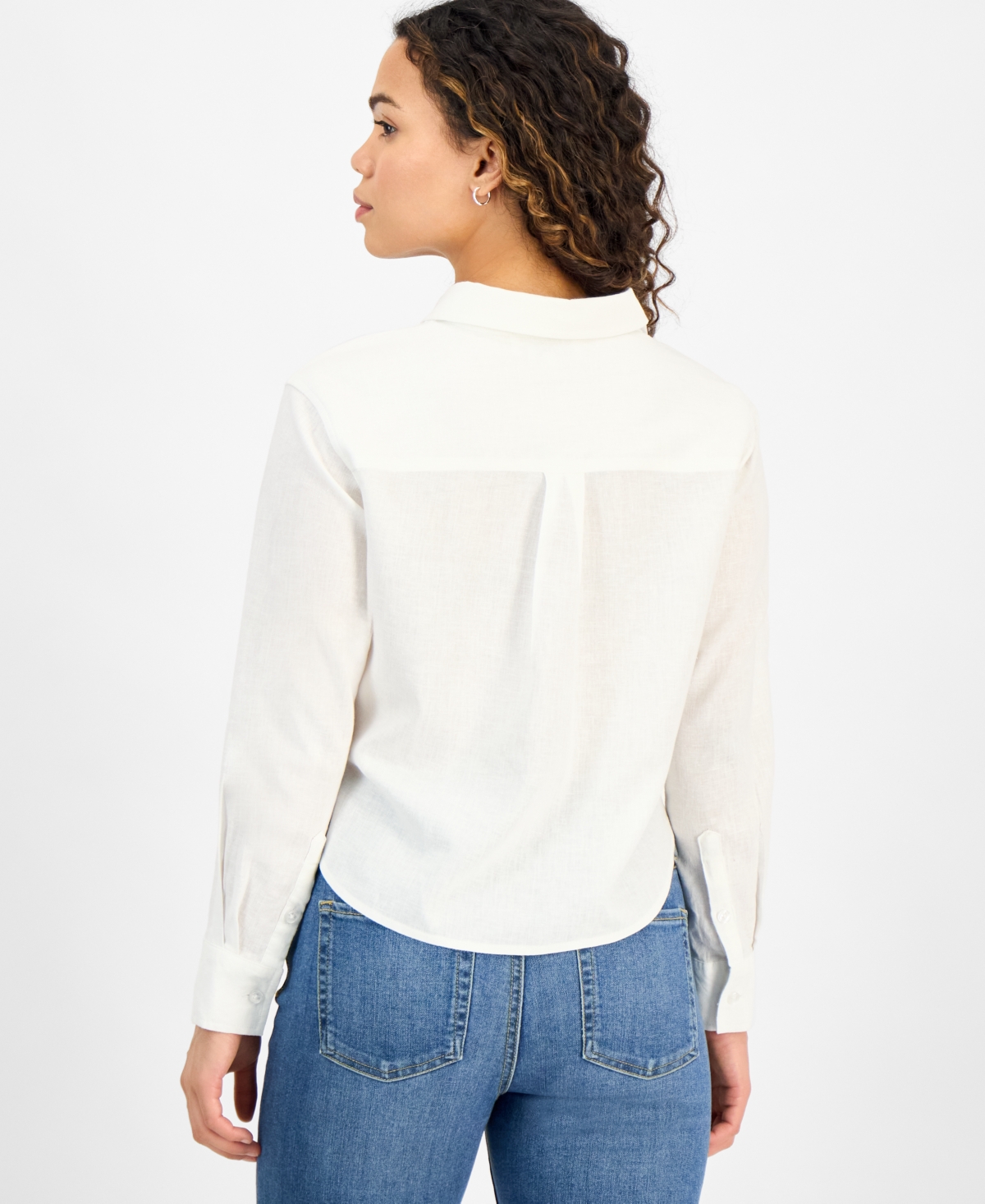 DKNY JEANS PETITE LINEN-BLEND STRIPED BUTTON-FRONT SHIRT 
