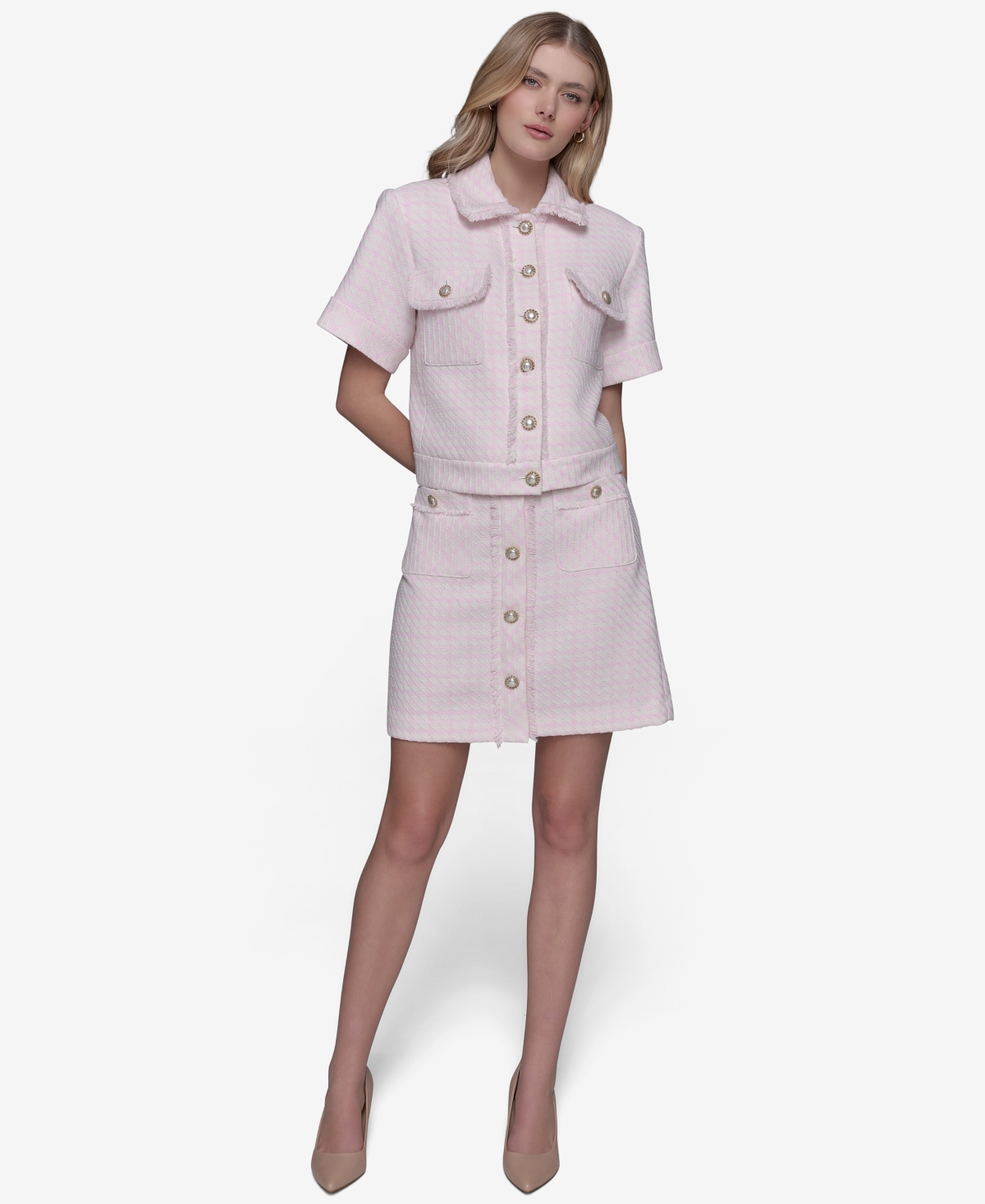 Shop Karl Lagerfeld Women's Tweed Fringe-trim Jacket In Parfait Pink,soft White