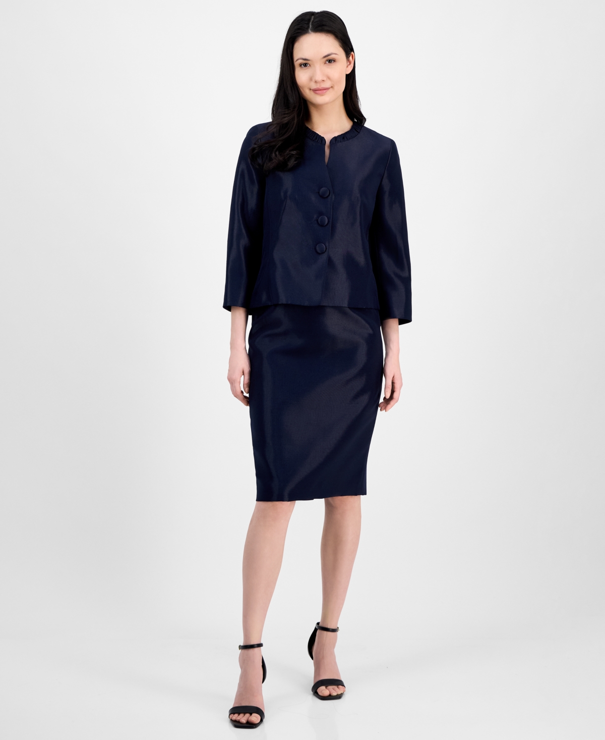 Women's Collarless Three-Button 3/4-Sleeve Jacket & Slim Skimmer Skirt - Celery