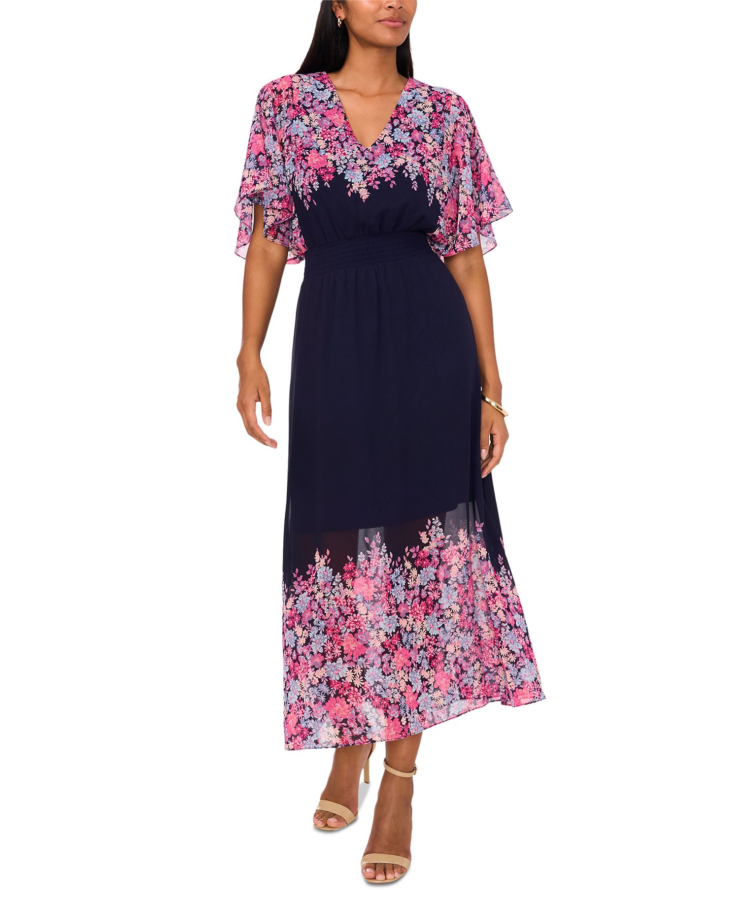 MSK Women's Chiffon Smocked-Waist Floral-Print Dress