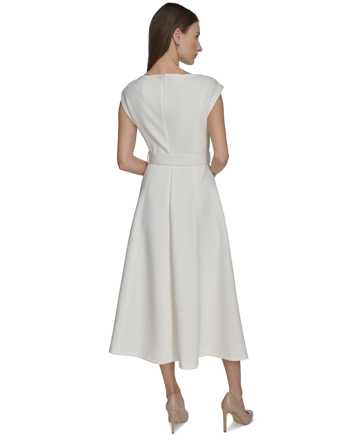 Calvin Klein Women's V-neck Belted A-line Scuba Dress In Cream