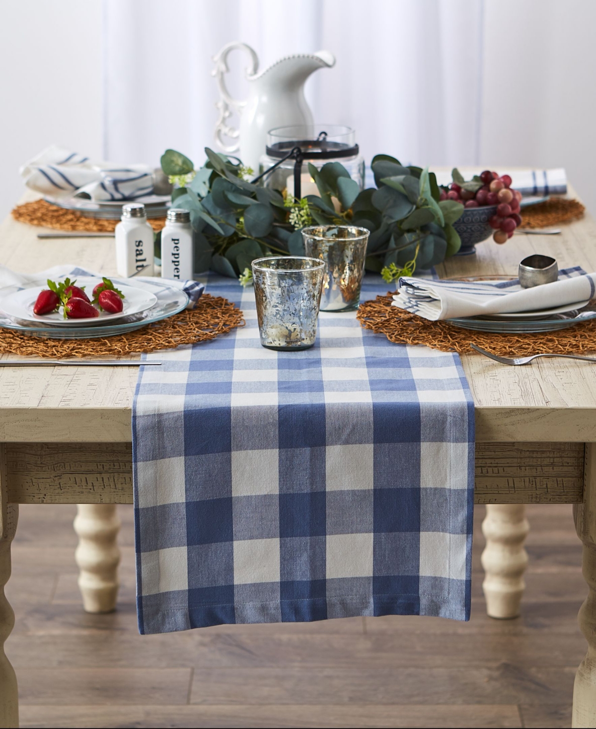 Design Imports Buffalo Check Table Runner, 14" X 72" In Stonewash Blue