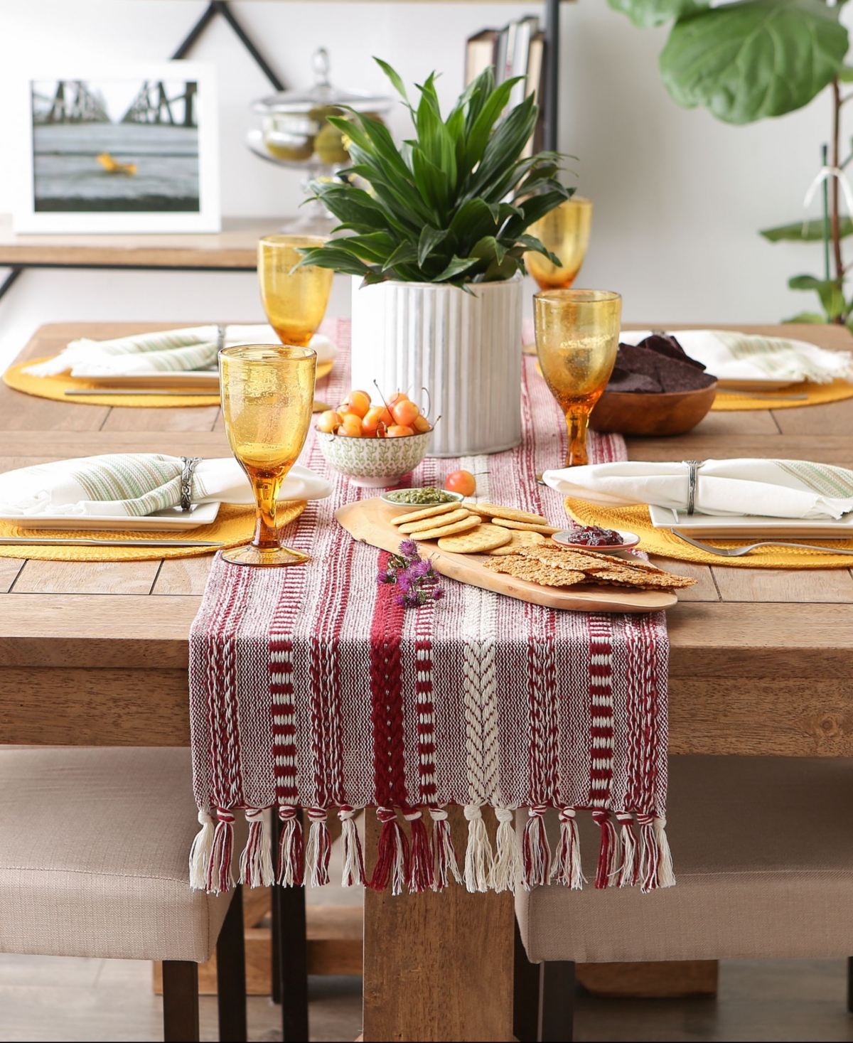 Design Imports Braided Stripe Jacquard Fringe Table Runner, 15" X 108" In Barn Red