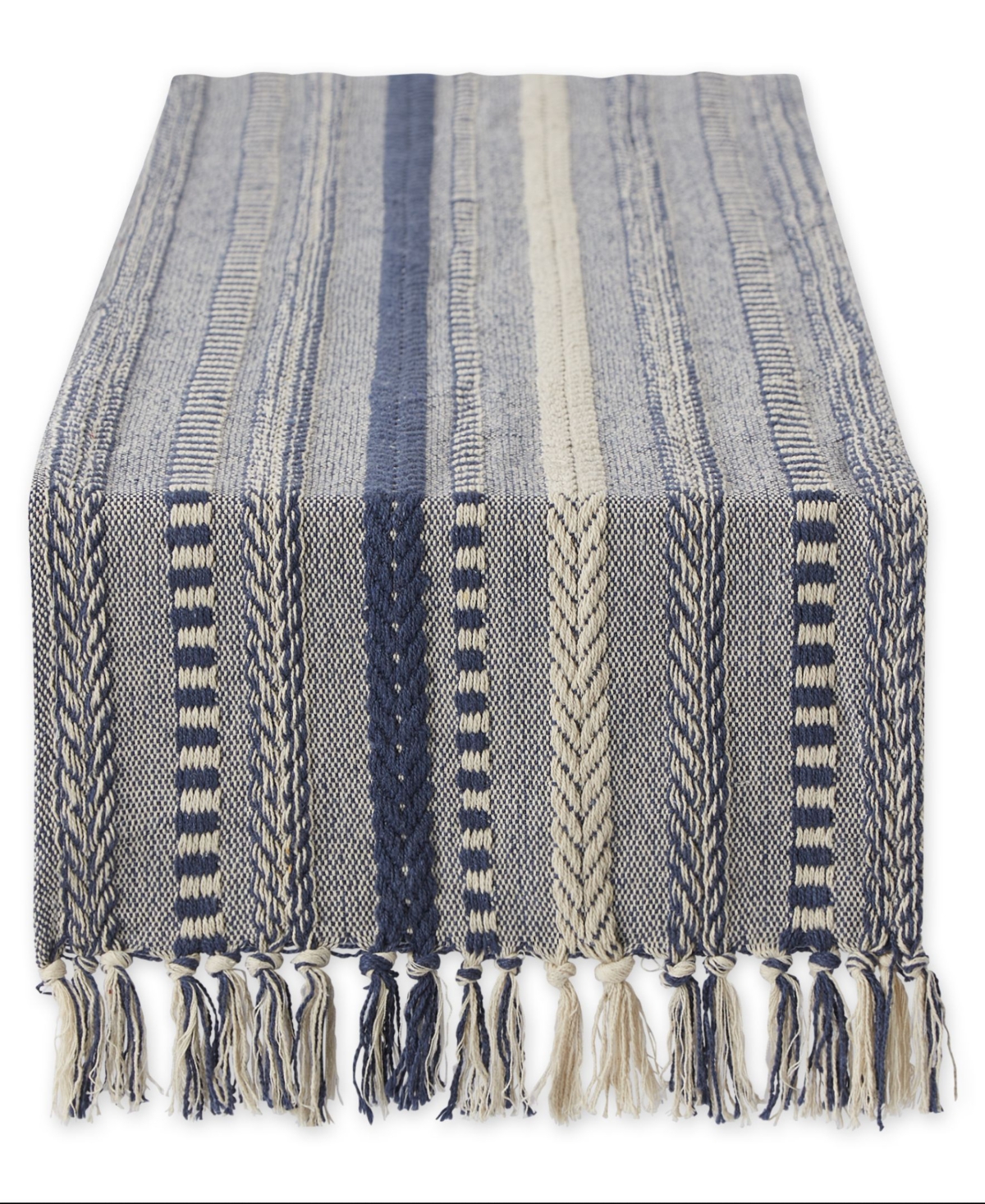 Design Imports Braided Stripe Jacquard Fringe Table Runner, 15" X 108" In French Blue