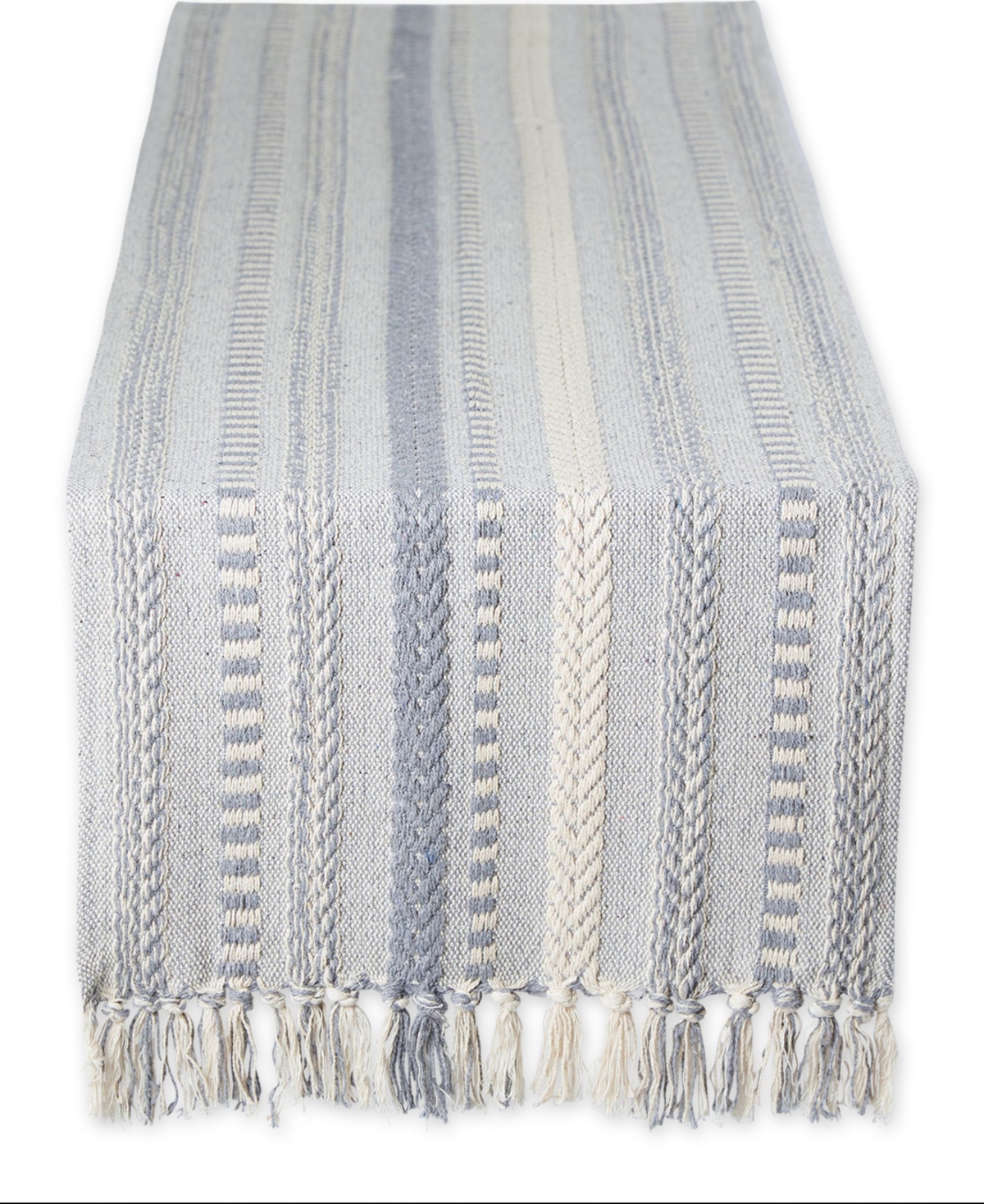 Design Imports Braided Stripe Jacquard Fringe Table Runner, 15" X 108" In Cool Gray